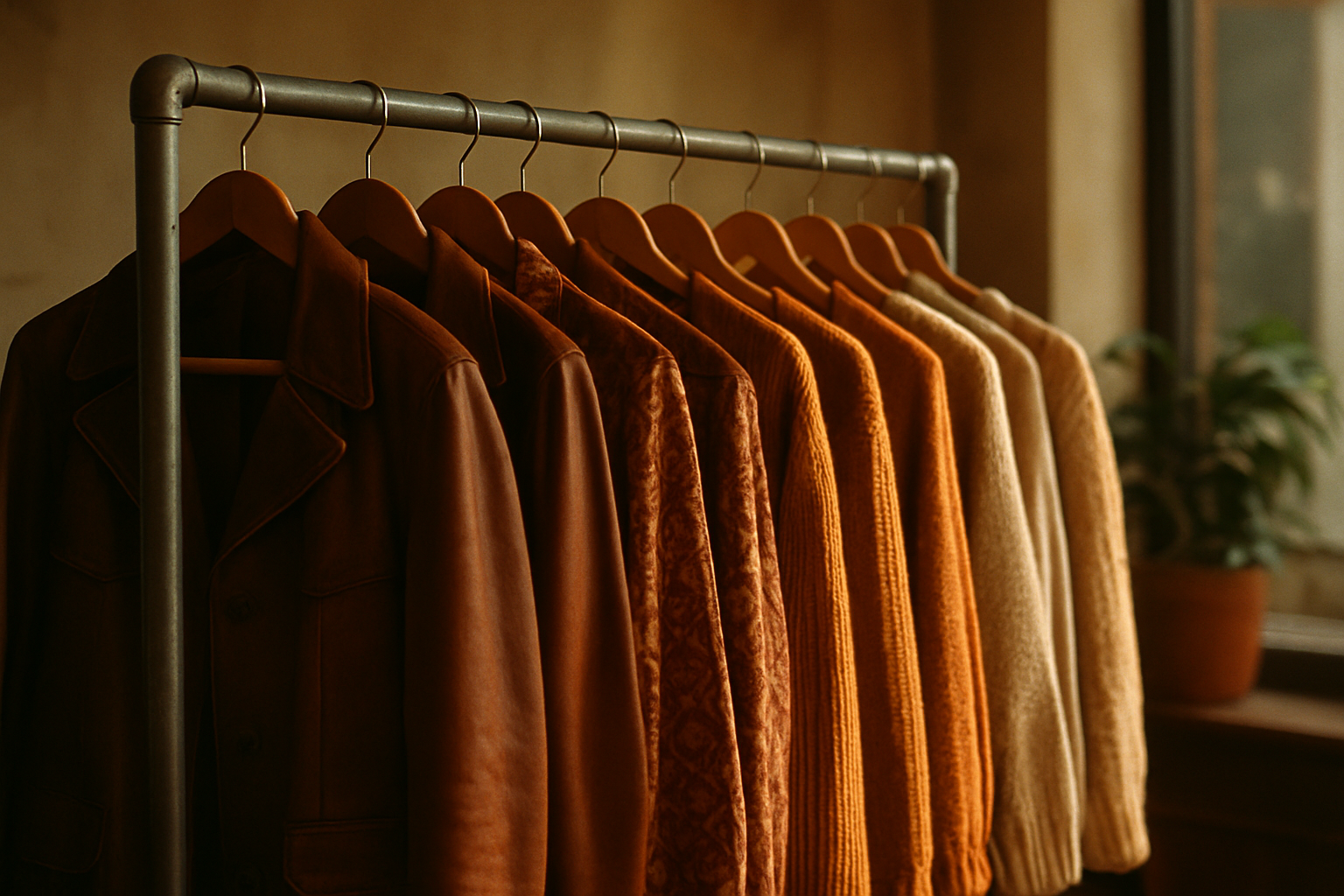 Warm film-style photo of a curated vintage clothing rack with 70s leather jackets and 80s patterned blouses in earthy tones