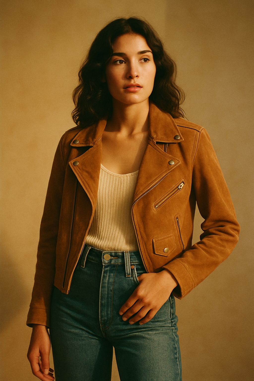 Model wearing a caramel suede jacket and high-waisted denim under warm studio lighting