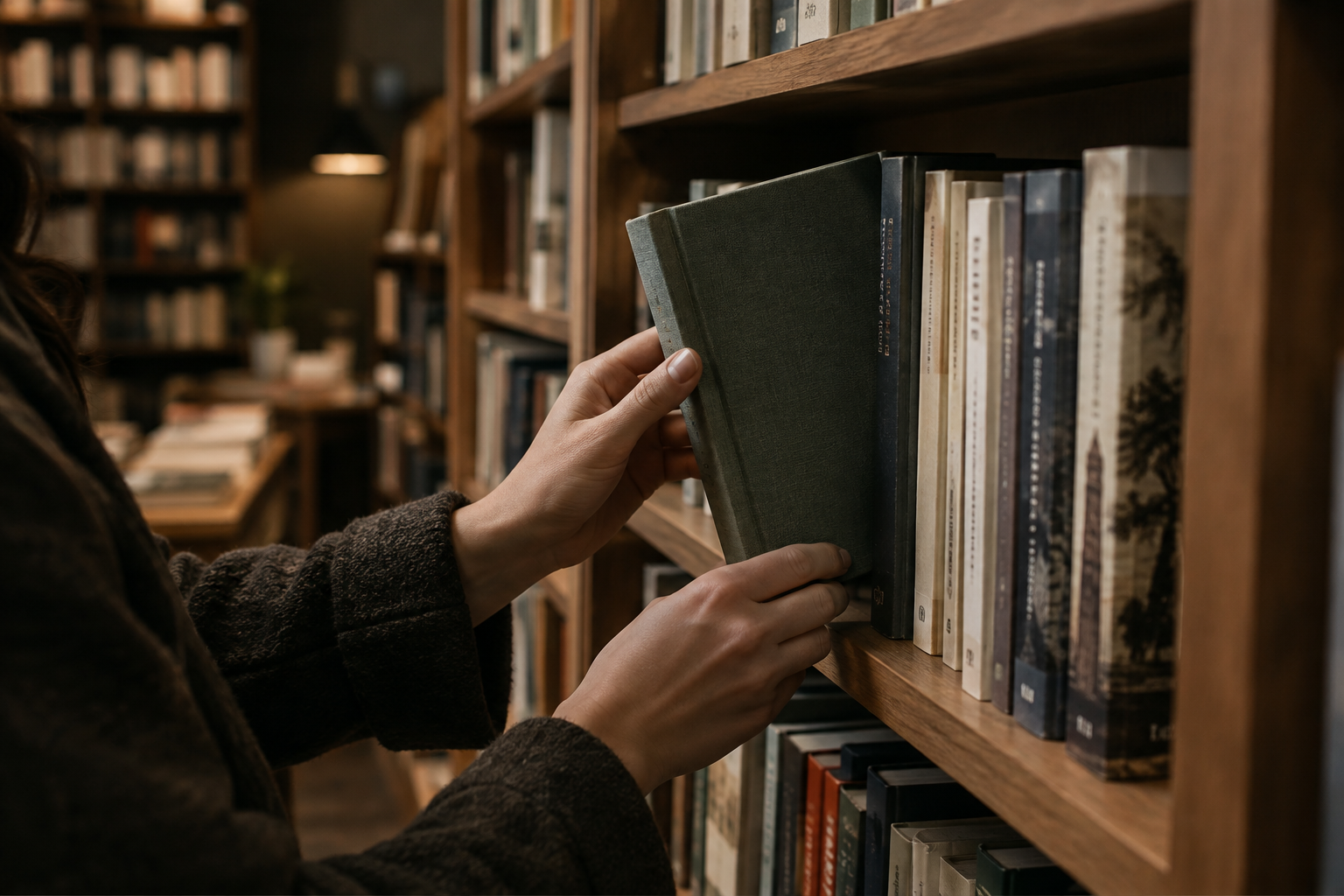 Naturally lit in-store moment with a reader's hands selecting a hardcover from curated wooden shelves