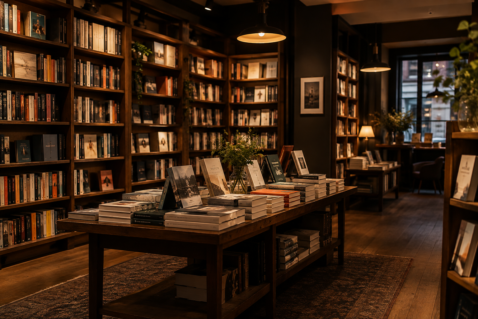 Warmly lit independent bookshop shelves with curated hardbacks and paperbacks arranged in tidy rows beside a wooden browsing table