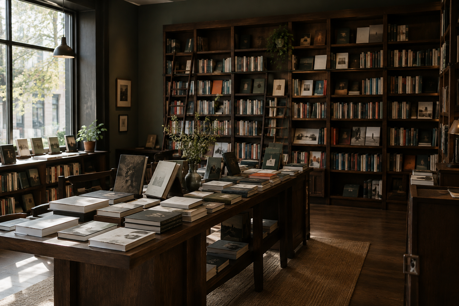 Quiet independent bookshop interior with dark wooden shelves, curated display tables, stacked books, and soft natural window light