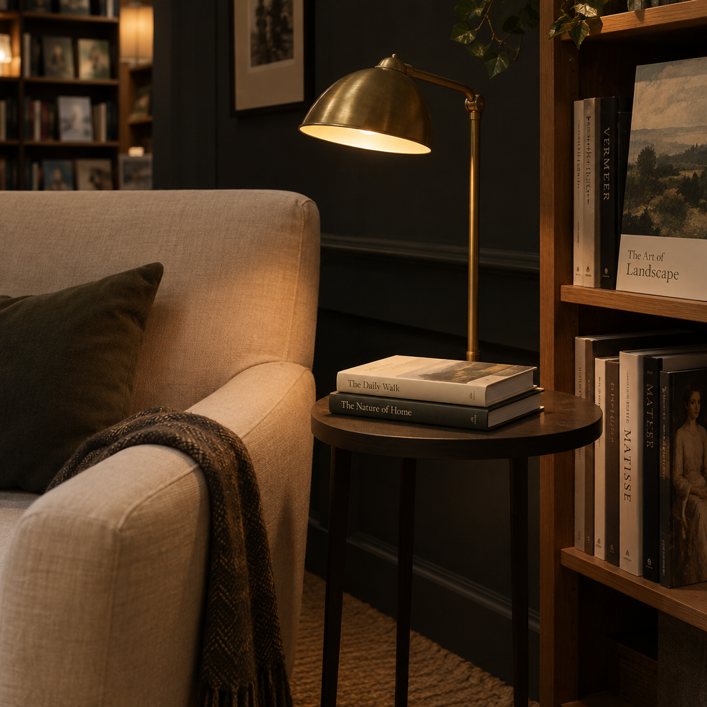 Close-up of a small reading corner with a linen armchair, stacked novels, and a soft lamp creating an intimate browsing mood