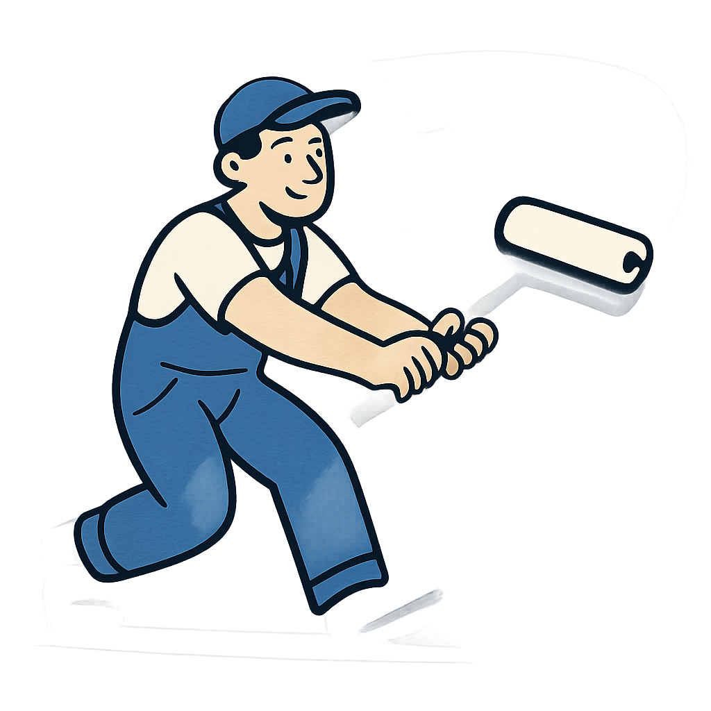 Decorative cartoon painter in a cap rolling a soft blue paint swash behind the contact heading