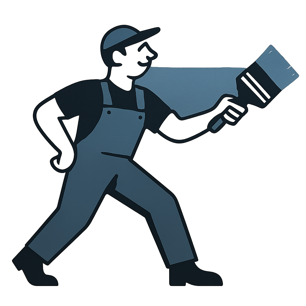 Decorative cartoon painter with a wide brush painting a blue horizontal stroke near the lower-right side cards area