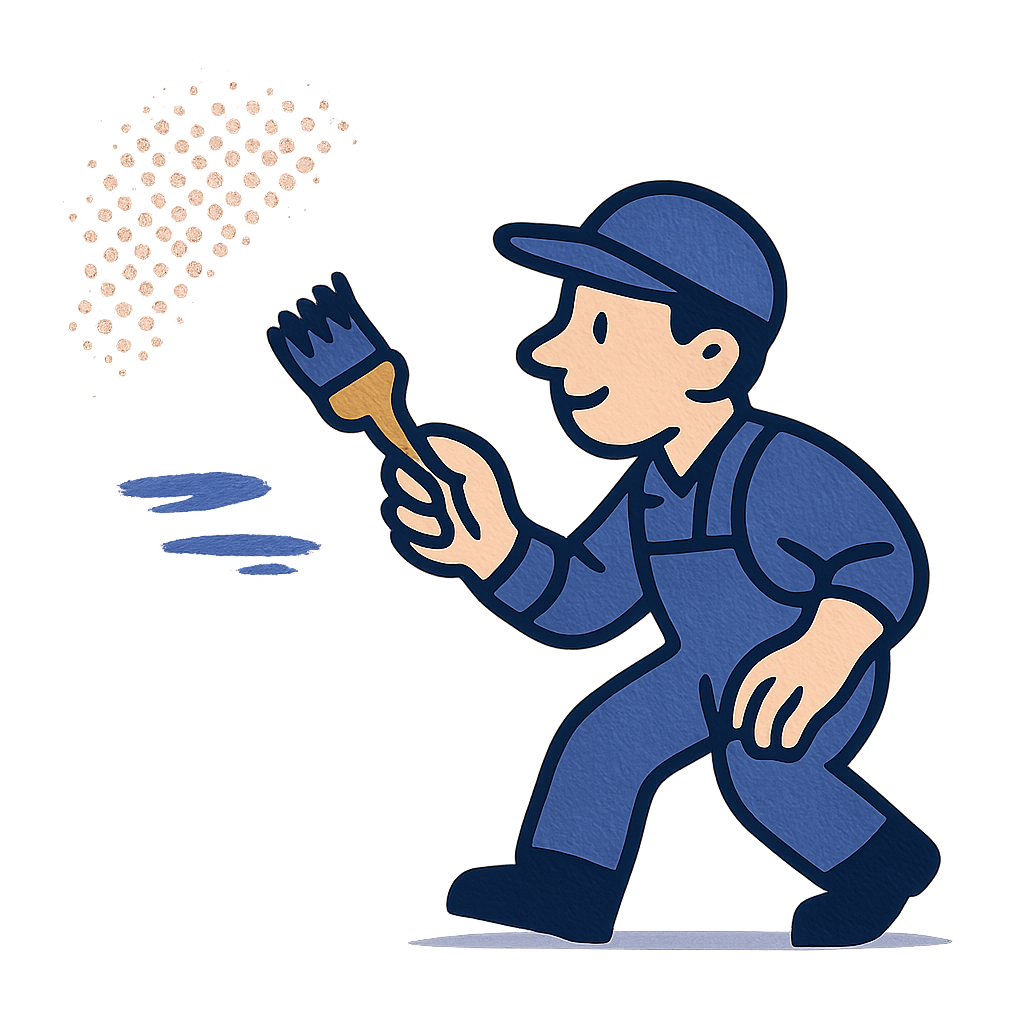 Playful cartoon painter in navy workwear and cap at the lower-right edge, extending a small brush to add dotted finishing paint details along the outer border
