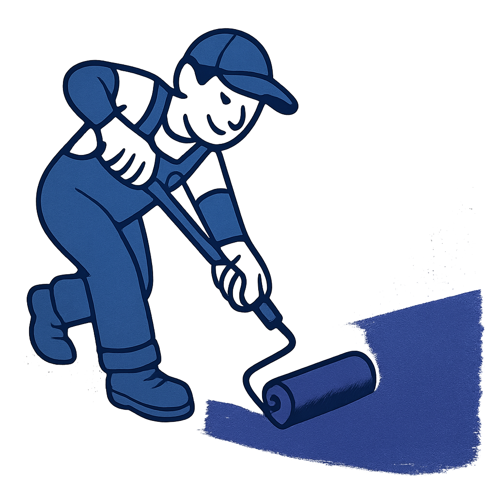 Playful cartoon painter in an indigo cap and blue work overalls, leaning in from the upper-left with a visible paint roller and laying a bold blue-indigo wash into the FAQ background