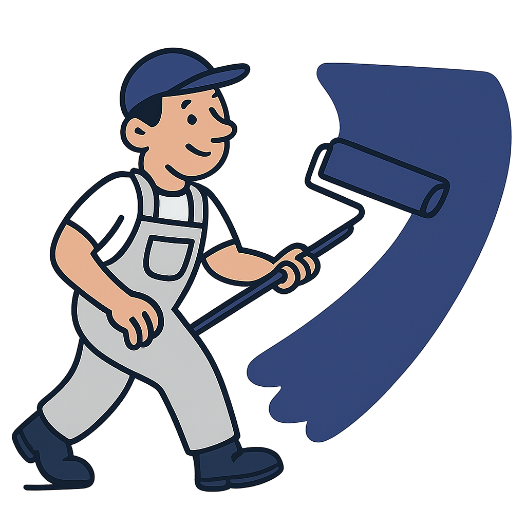 Cartoon house painter in a navy cap and light work overalls rolling a deep indigo paint sweep