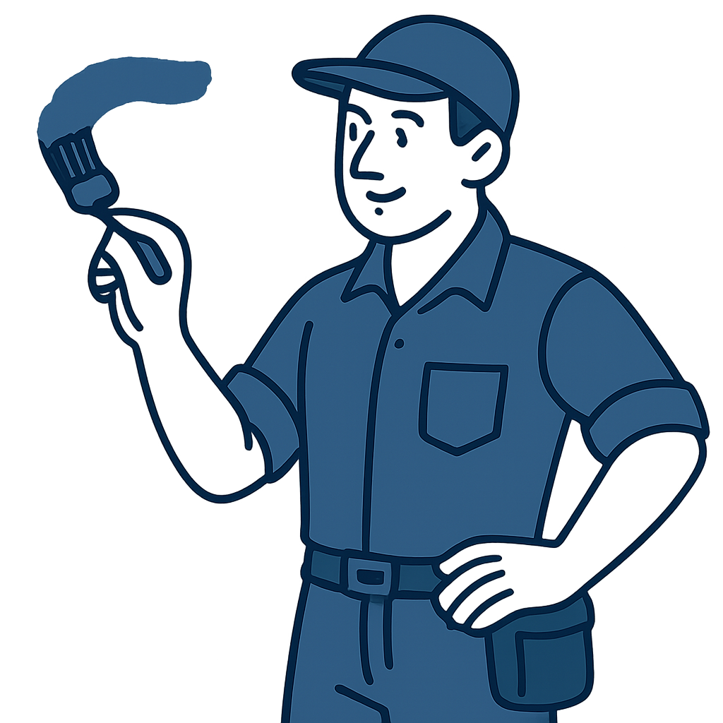 Cartoon finishing painter in dark workwear with a small brush adding indigo detail near the footer edge
