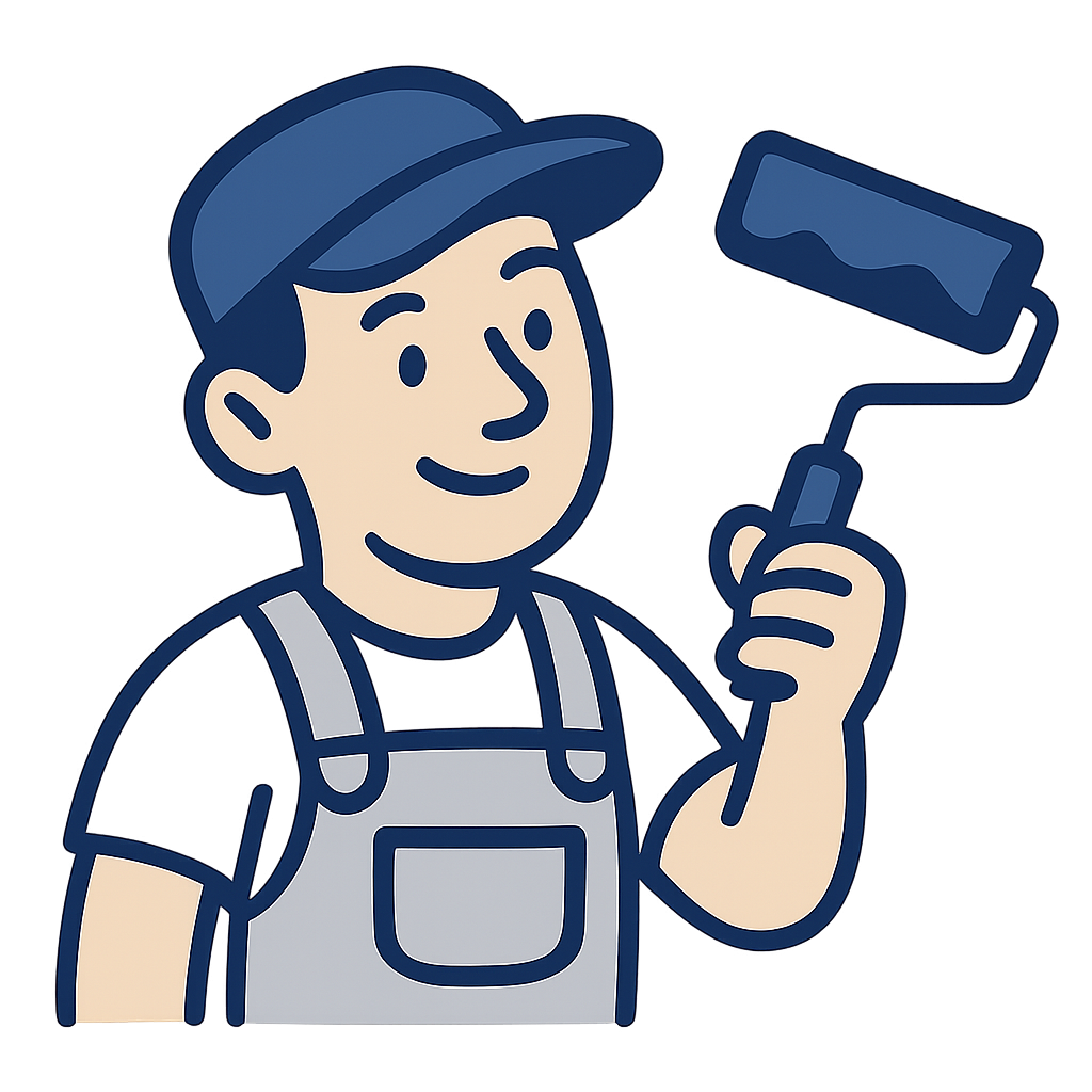 Small cartoon painter in a navy cap and light work overalls holding a paint roller with a short indigo paint swipe