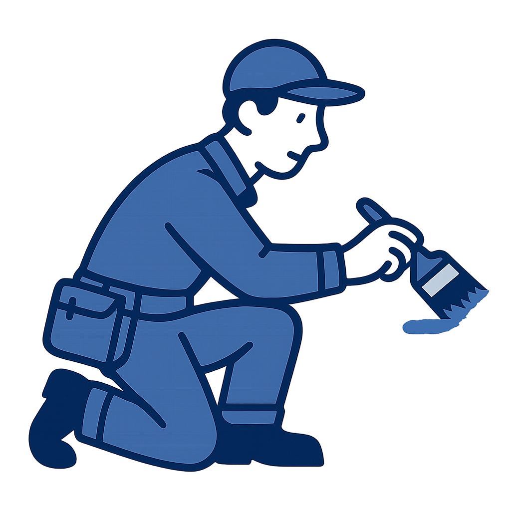 Compact cartoon painter in dark blue workwear crouching with a trim brush, adding a subtle indigo accent stroke