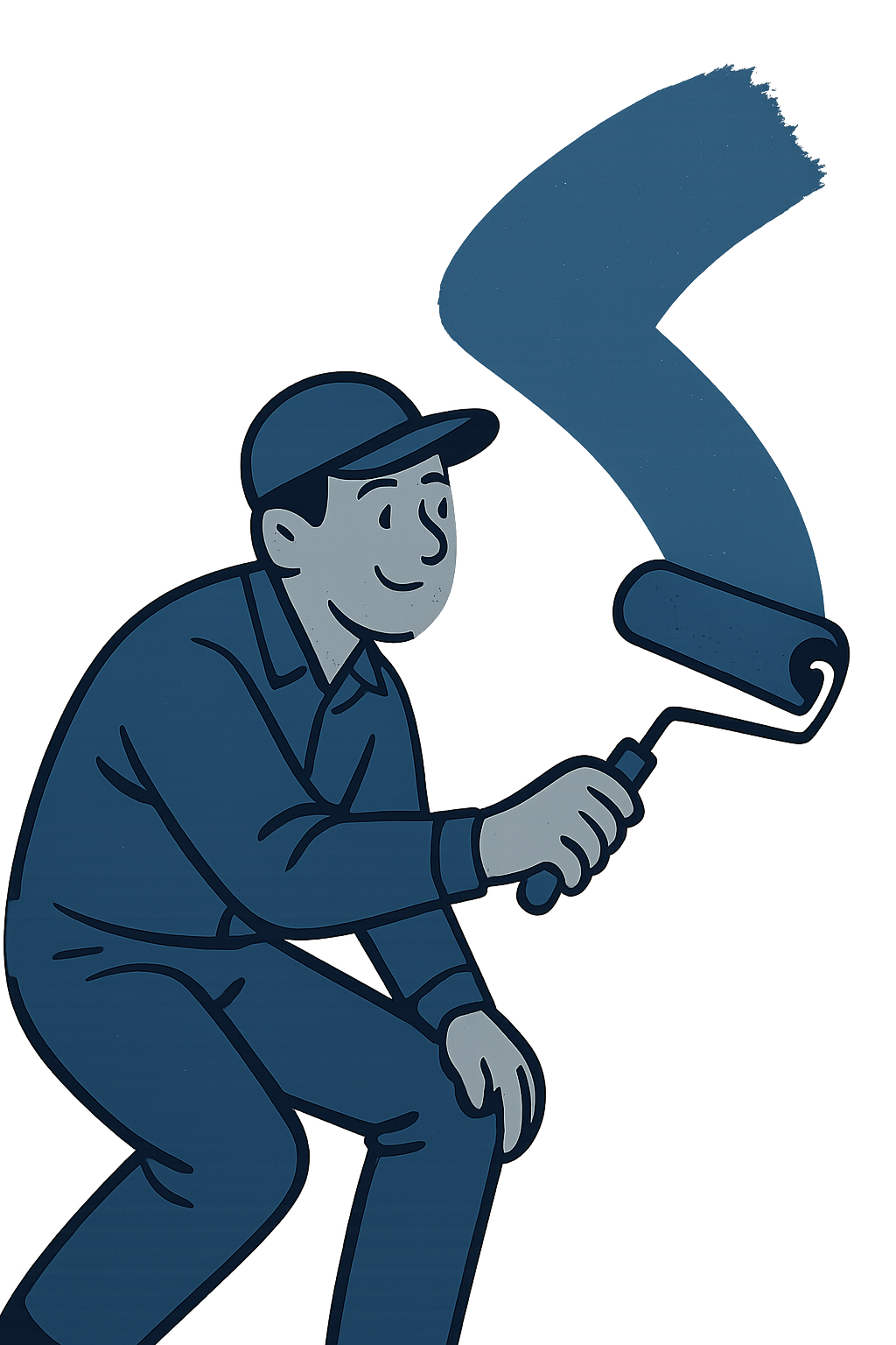 Playful stylized painter in deep-blue overalls and cap, leaning forward with an expressive upward roller stroke into the hero paint wash