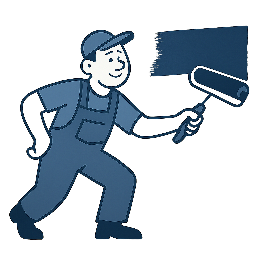 Playful cartoon painter in indigo-blue workwear and cap leaning forward with a large paint roller, smiling while rolling a broad dark-blue sweep into the top-left frame, clean vector illustration with transparent background