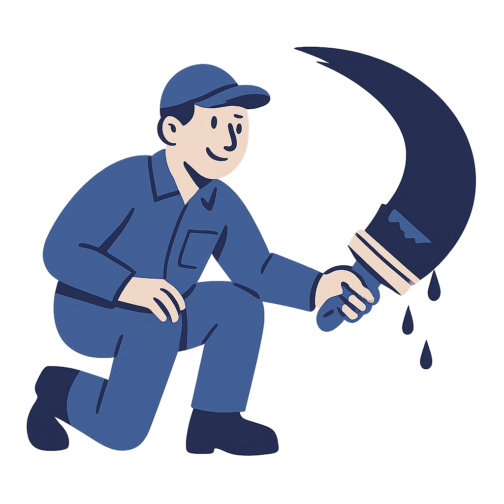Playful cartoon painter in indigo-toned cap and workwear crouching with a wide finishing brush, adding a curved dark-blue stroke and drip accents at the lower-right edge, clean vector illustration with transparent background