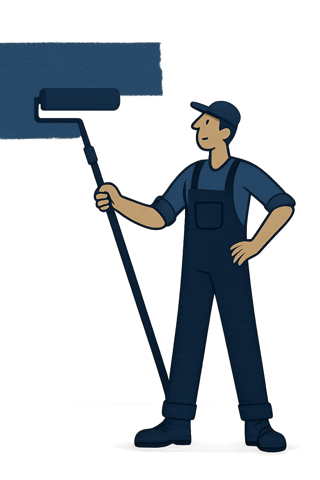 Whimsical tall painter with a long-handled roller, reaching outward to extend a bold indigo paint band beside the project photo