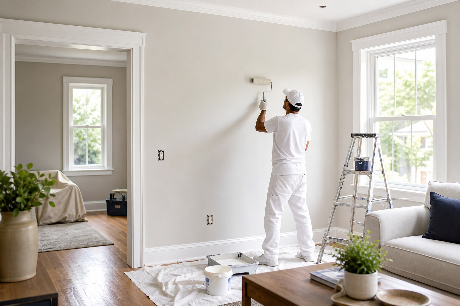 Freshly painted residential living room with clean trim, warm natural light, and neat remodeling finish details