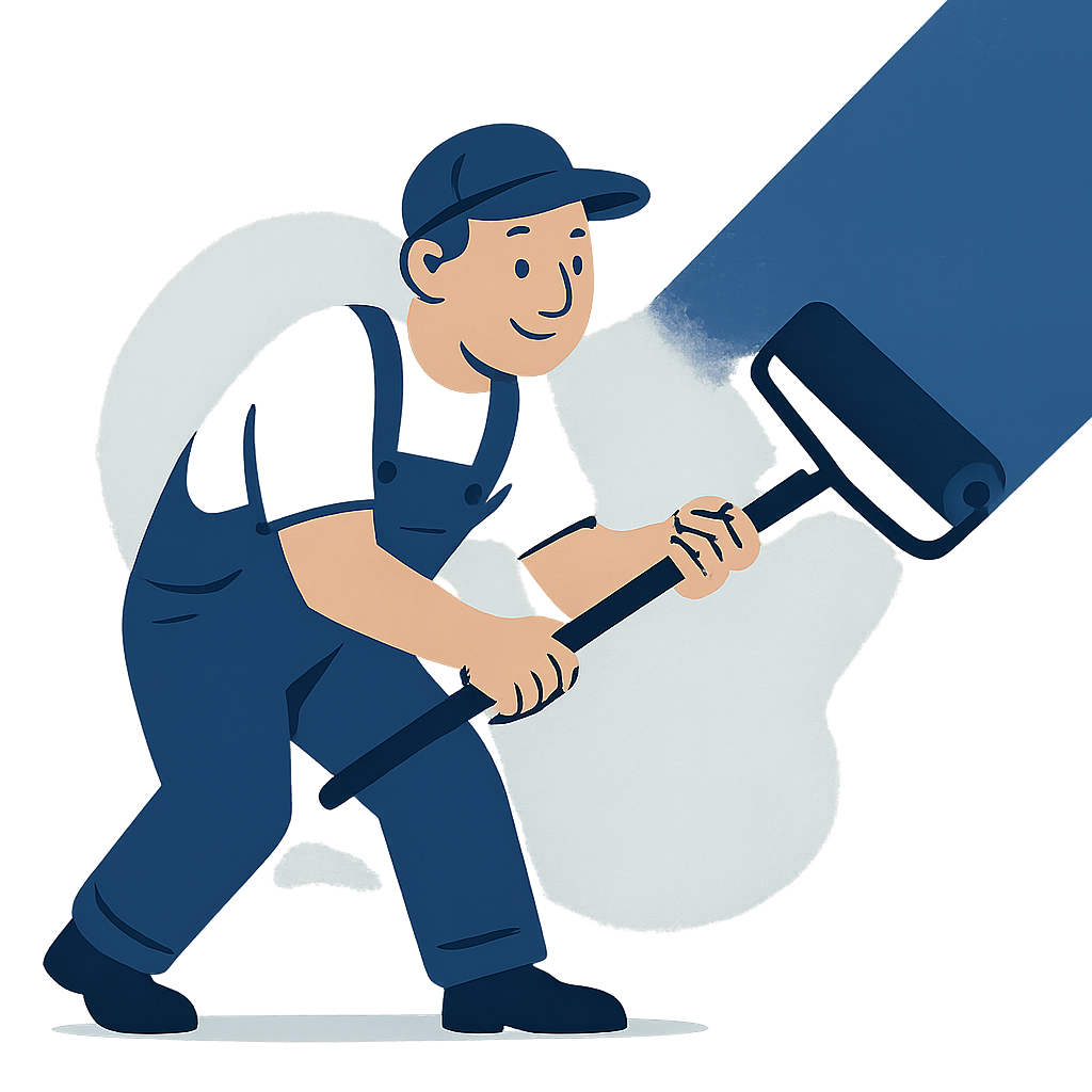 Playful cartoon house painter in deep navy workwear and cap, leaning forward with a long roller pole and clearly dragging the main diagonal indigo paint band