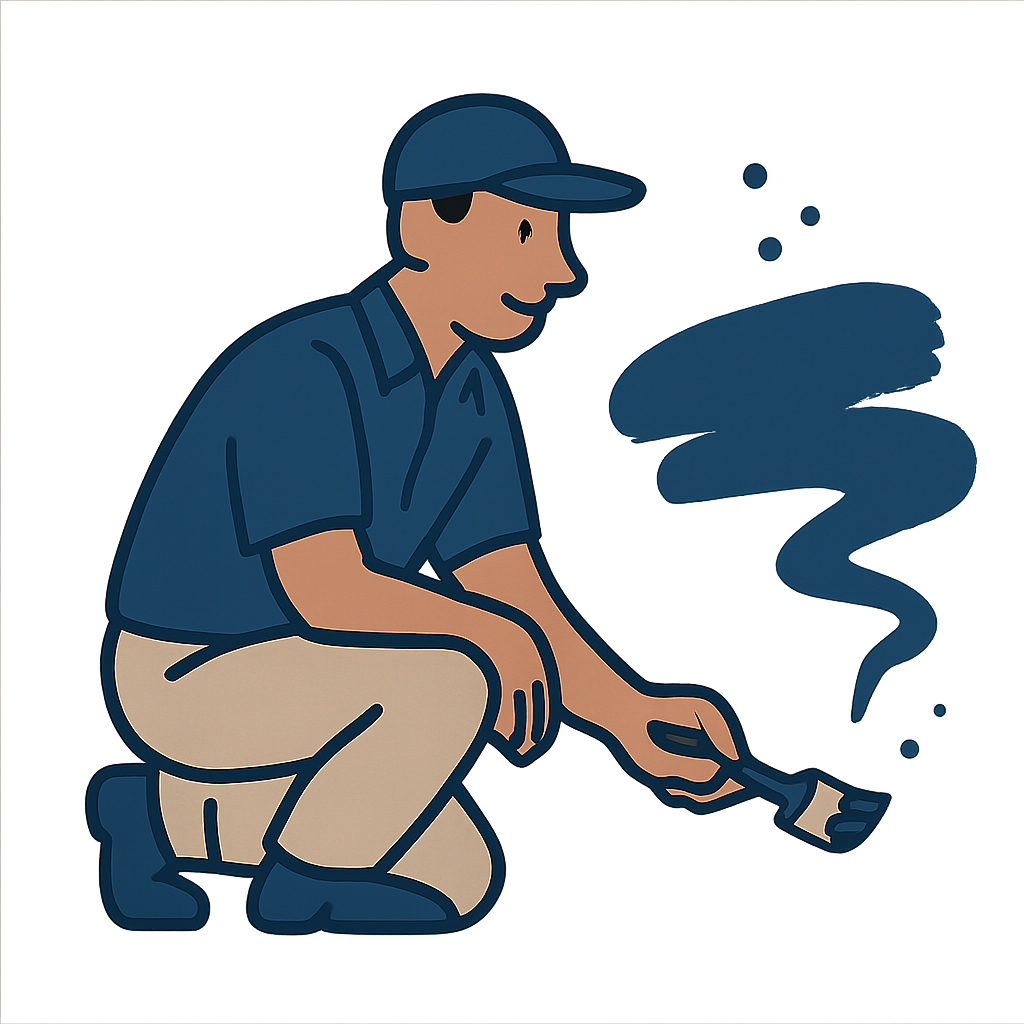 Friendly cartoon painter in dark-blue shirt, tan utility pants, and cap, crouched at the lower-right edge with a brush adding finishing paint detail and splatter along the final stroke