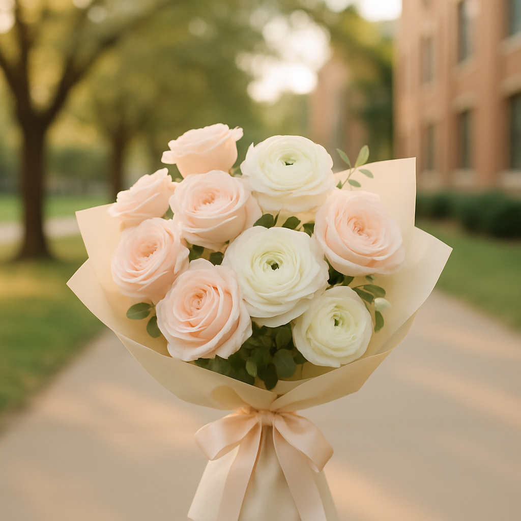 A romantic bouquet of blush pink roses and white ranunculus wrapped in soft paper, held near a university campus walkway