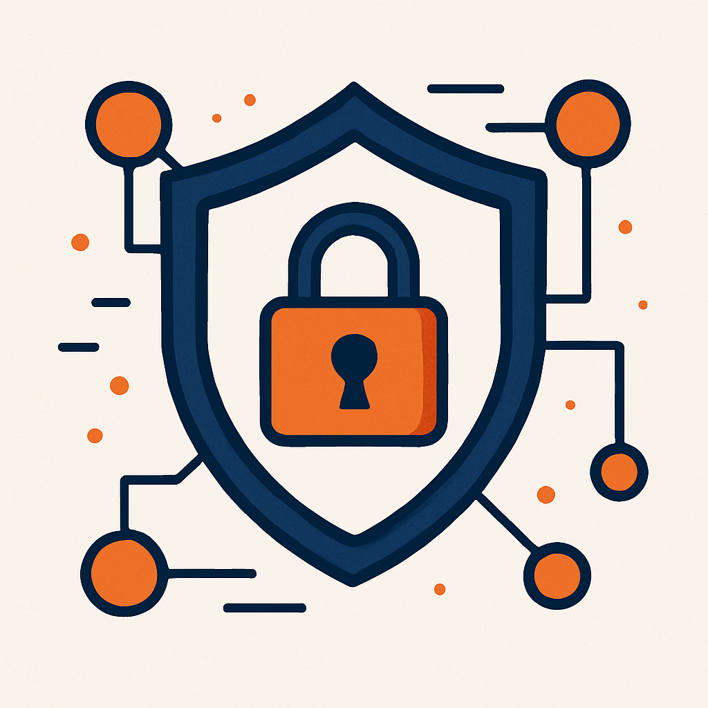 Illustration of a modern shield, lock, and network nodes representing cybersecurity protection for businesses