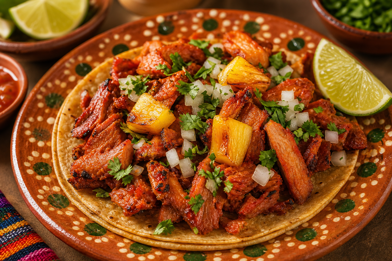 Al pastor pork with pineapple, cilantro, and onion served street-style