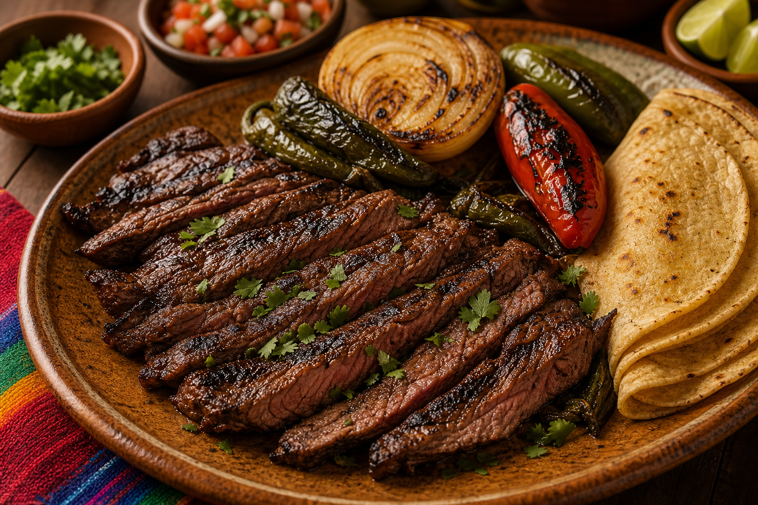 Grilled carne asada steak with charred onions, peppers, and warm tortillas