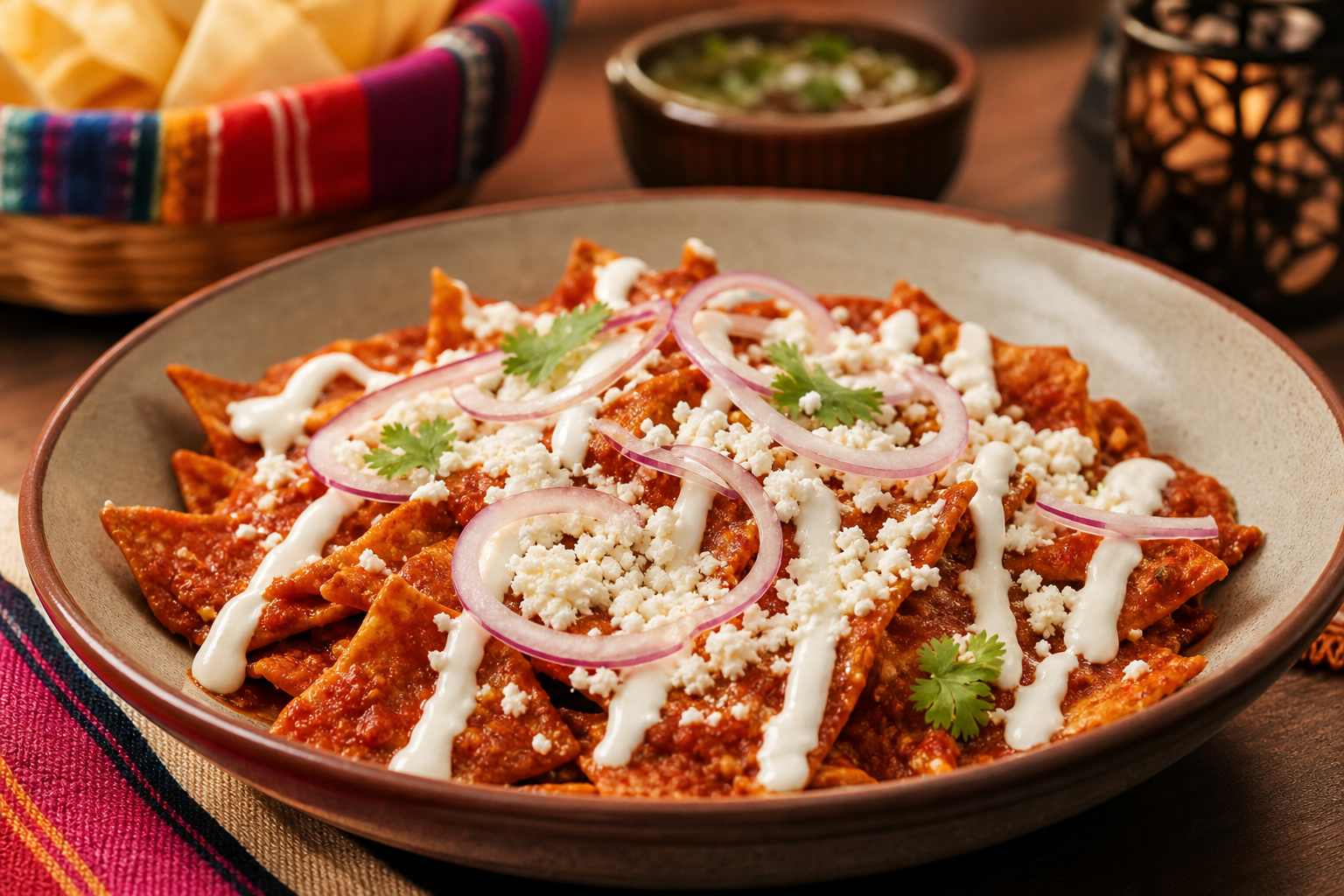Chilaquiles rojos topped with crema, queso, and sliced onion