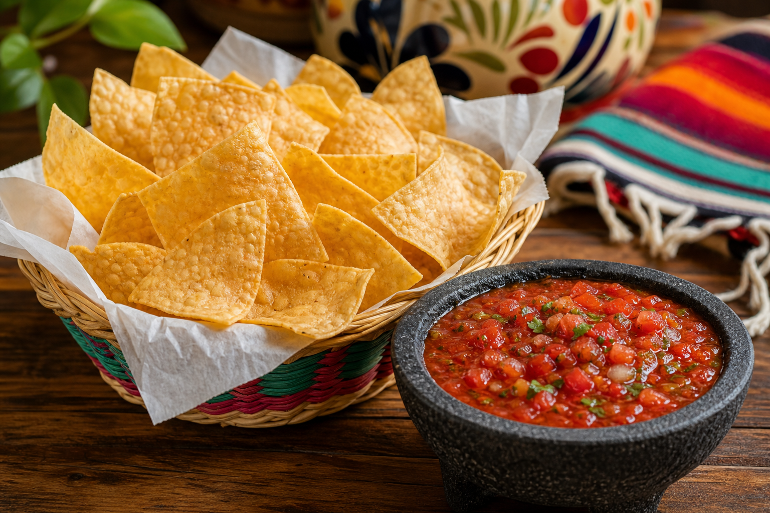 Basket of warm crispy tortilla chips with a bowl of house-made salsa roja