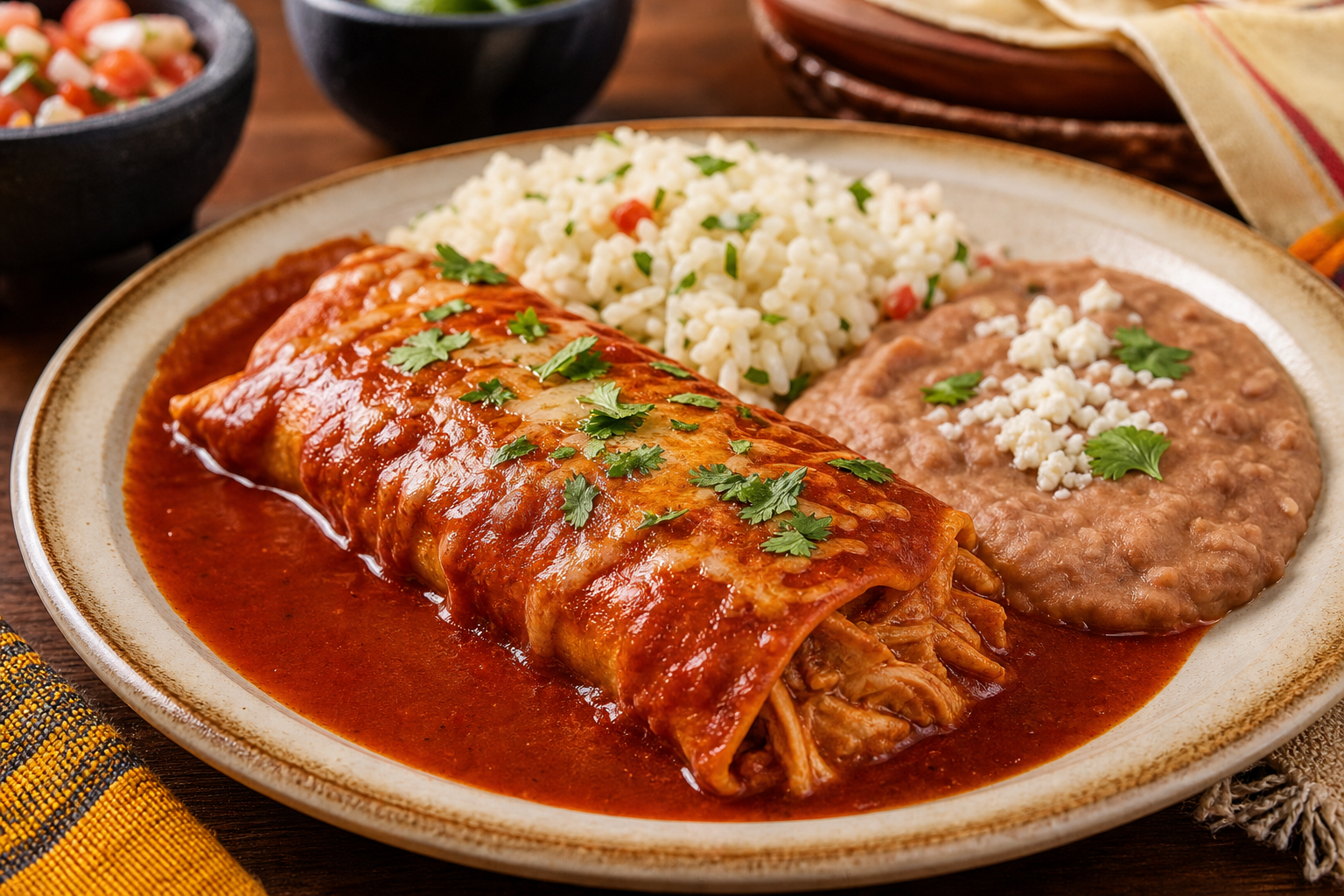 Enchilada with beans and rice plated with red chile sauce, seasoned beans, and fluffy rice