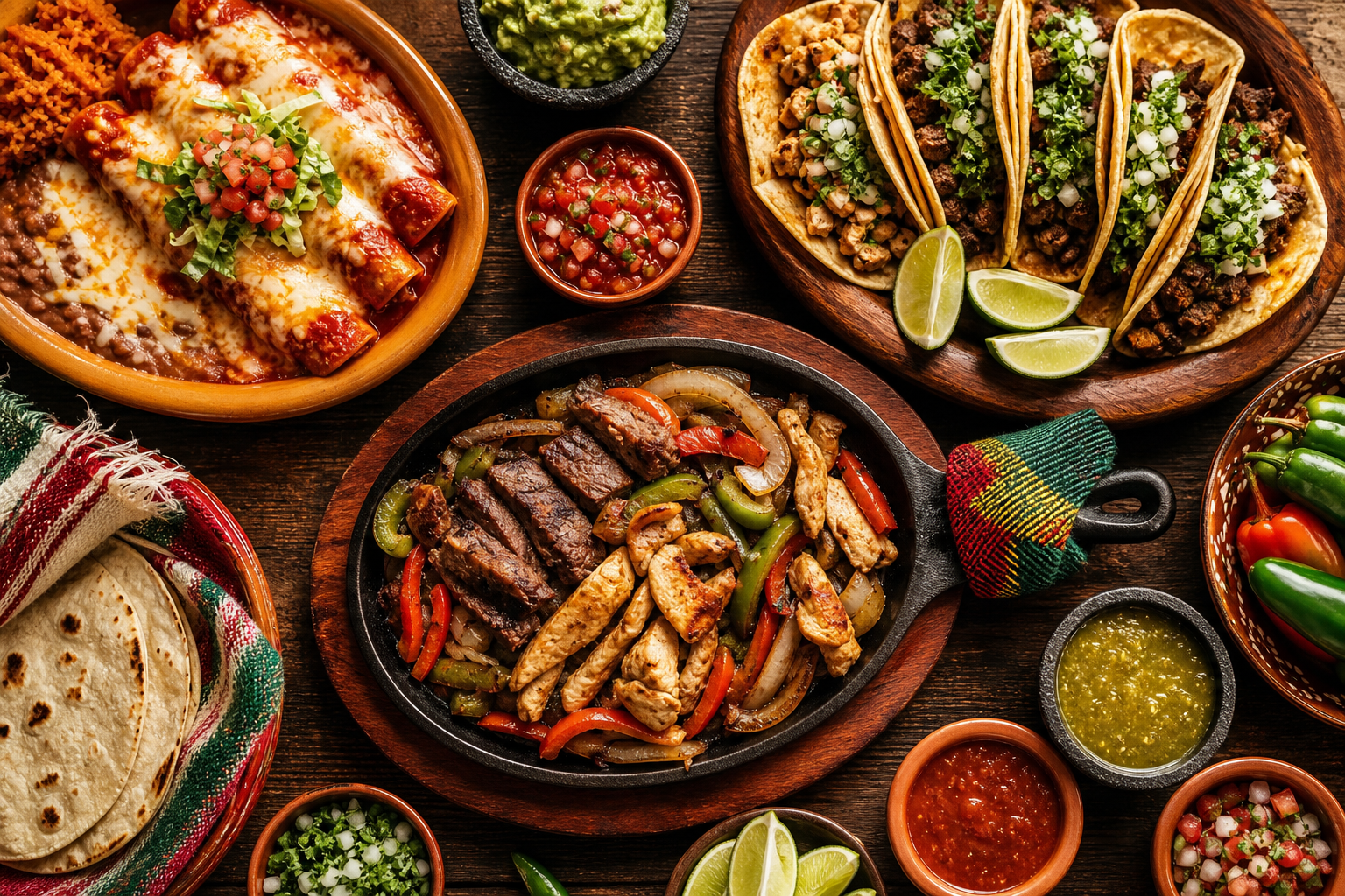 Vibrant overhead Mexican food spread with sizzling fajitas, street tacos, enchiladas, fresh salsa, and handmade tortillas on a rustic table