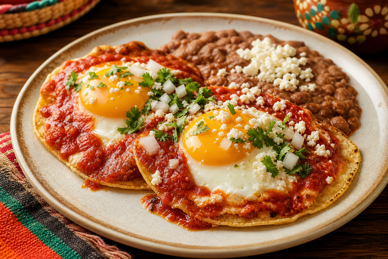 Huevos rancheros with ranchera sauce, beans, and queso fresco over corn tortillas