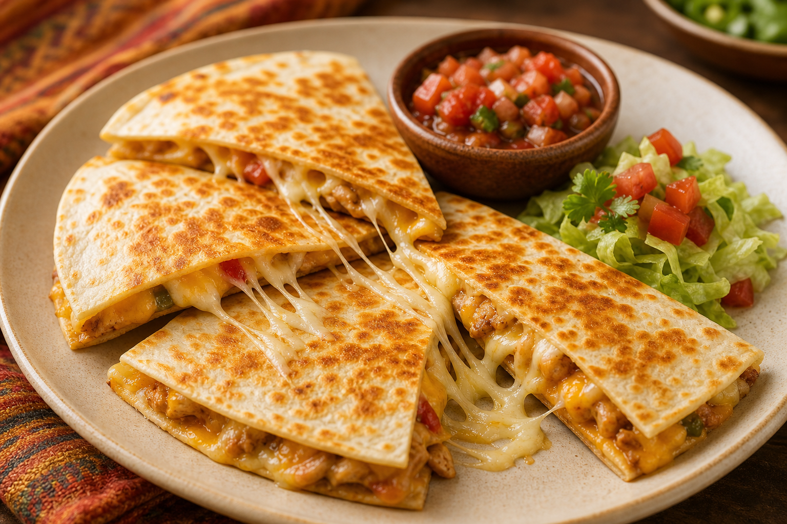 Golden quesadillas with melted cheese and chicken filling on a warm plate