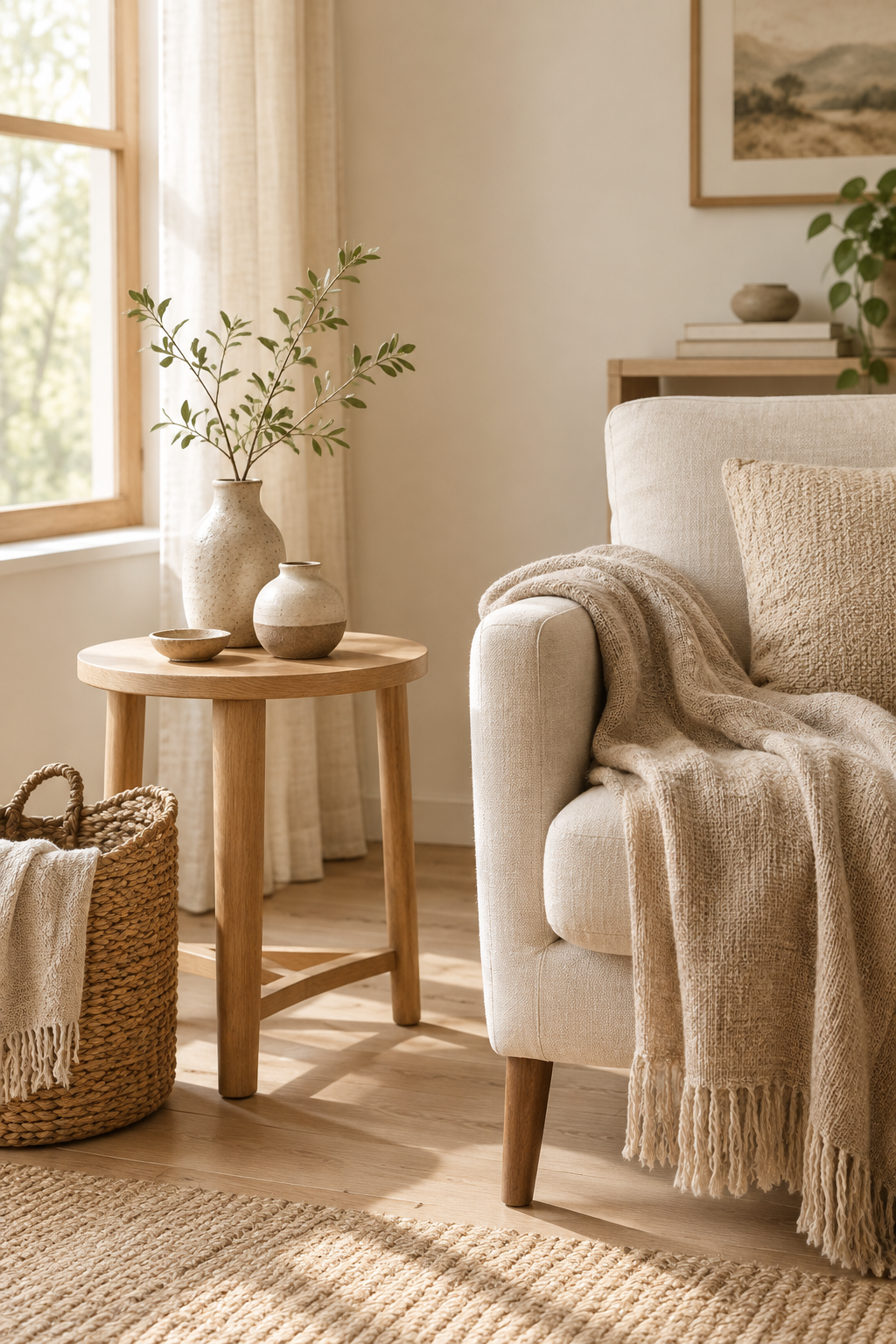 Warm minimalist interior with handmade ceramic decor, woven textiles, and natural wood accents
