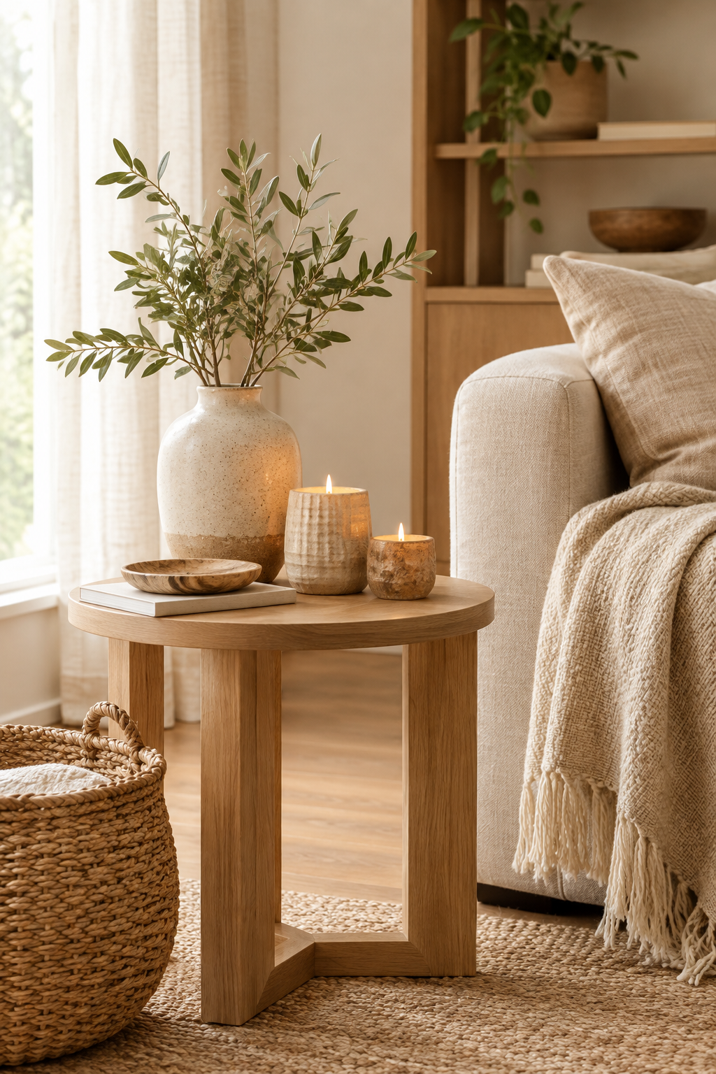 Warm handmade decor pieces arranged in a calm, sunlit living room with natural wood, woven textures, and soft neutral textiles