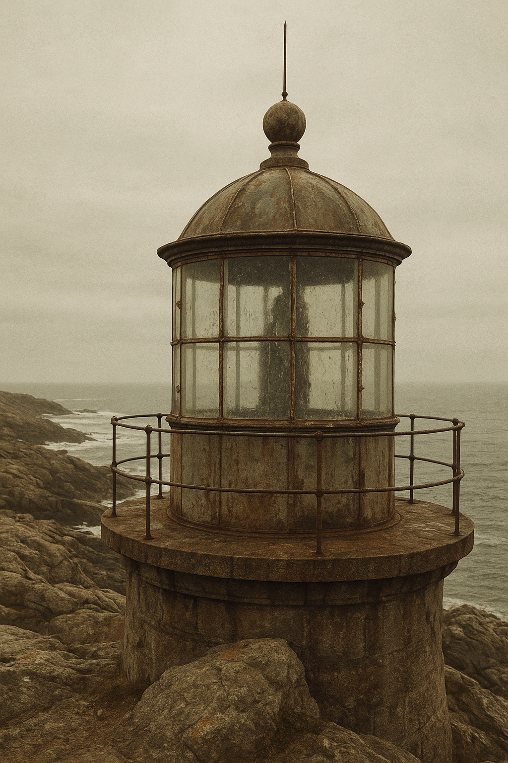 Archival photograph of a weathered lighthouse lantern room above a rocky northern shoreline under overcast light