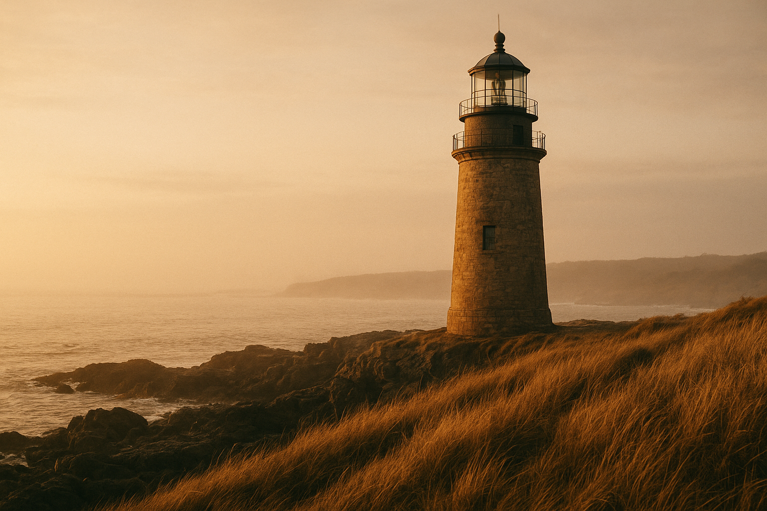Preserved stone lighthouse on a rugged northern coastline at golden-hour, with wind-shaped grass, dark rocks, and calm sea haze