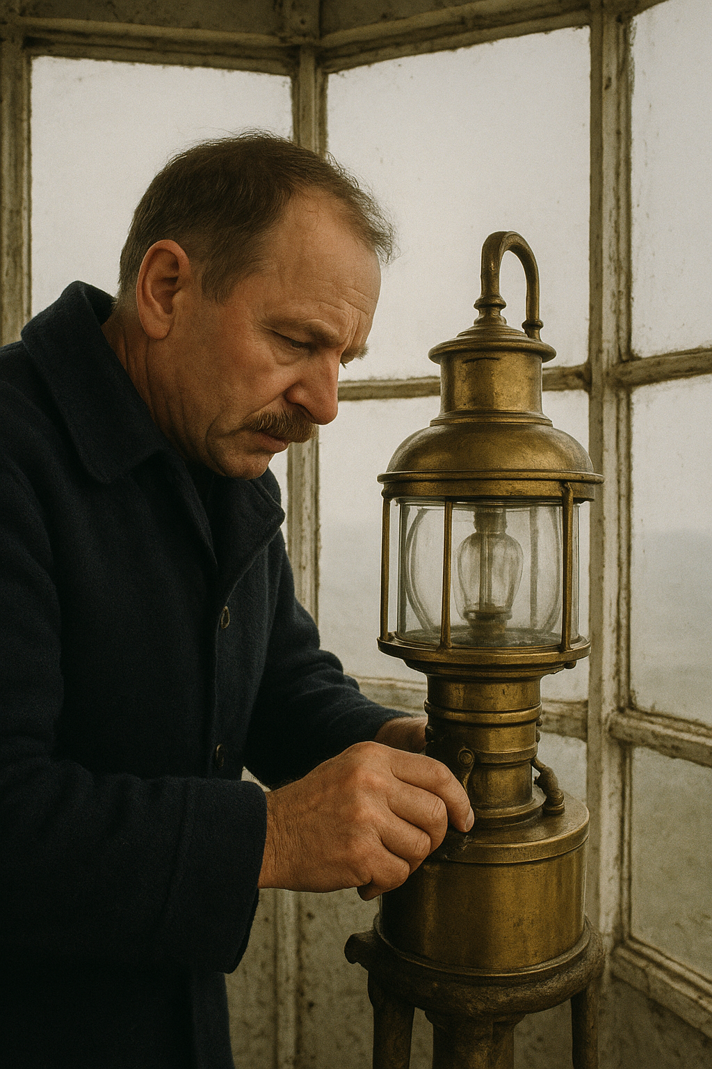 Archival-style close documentary photograph of a lighthouse keeper in a wool coat tending the lantern mechanism inside a narrow lantern room, with brass fittings, worn painted metal, and soft overcast light