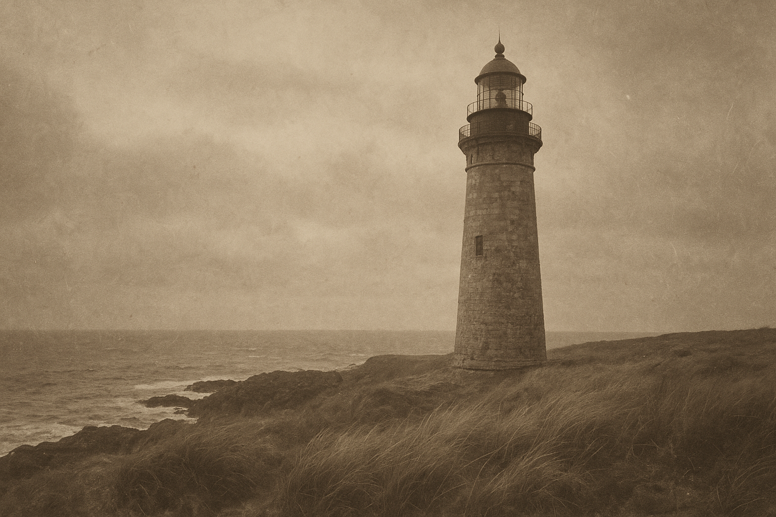 Archival-style film photograph of a weathered stone lighthouse on the northern coast under a cloudy sky, with textured grain and soft contrast