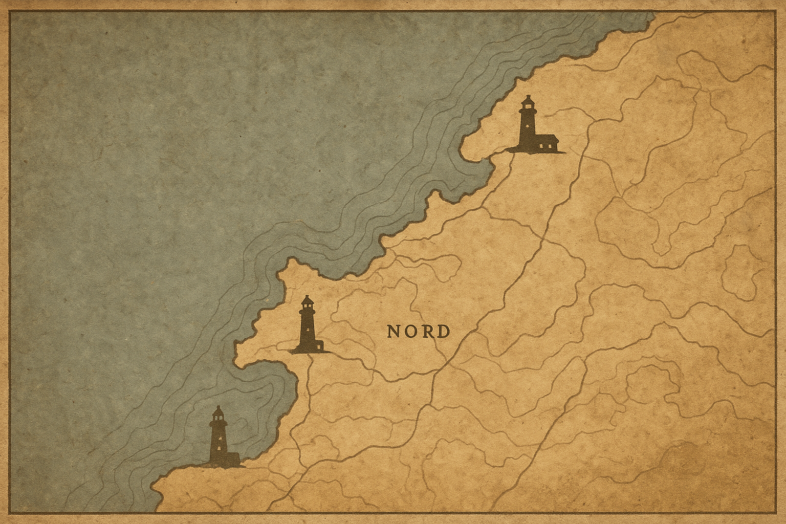 Historic-style coastal map showing preserved lighthouse towers along a rugged northern shoreline with route markings and archival cartographic texture
