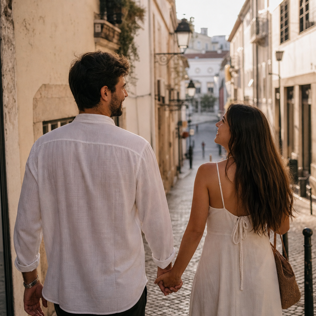 Candid photo of the couple walking hand in hand on a quiet city street