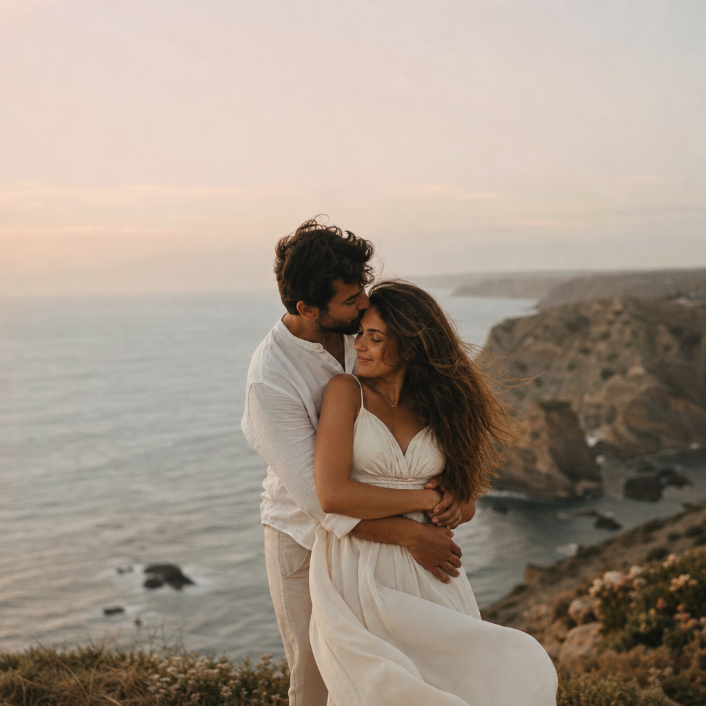 The couple embracing on a breezy coastline overlook with soft pastel sky