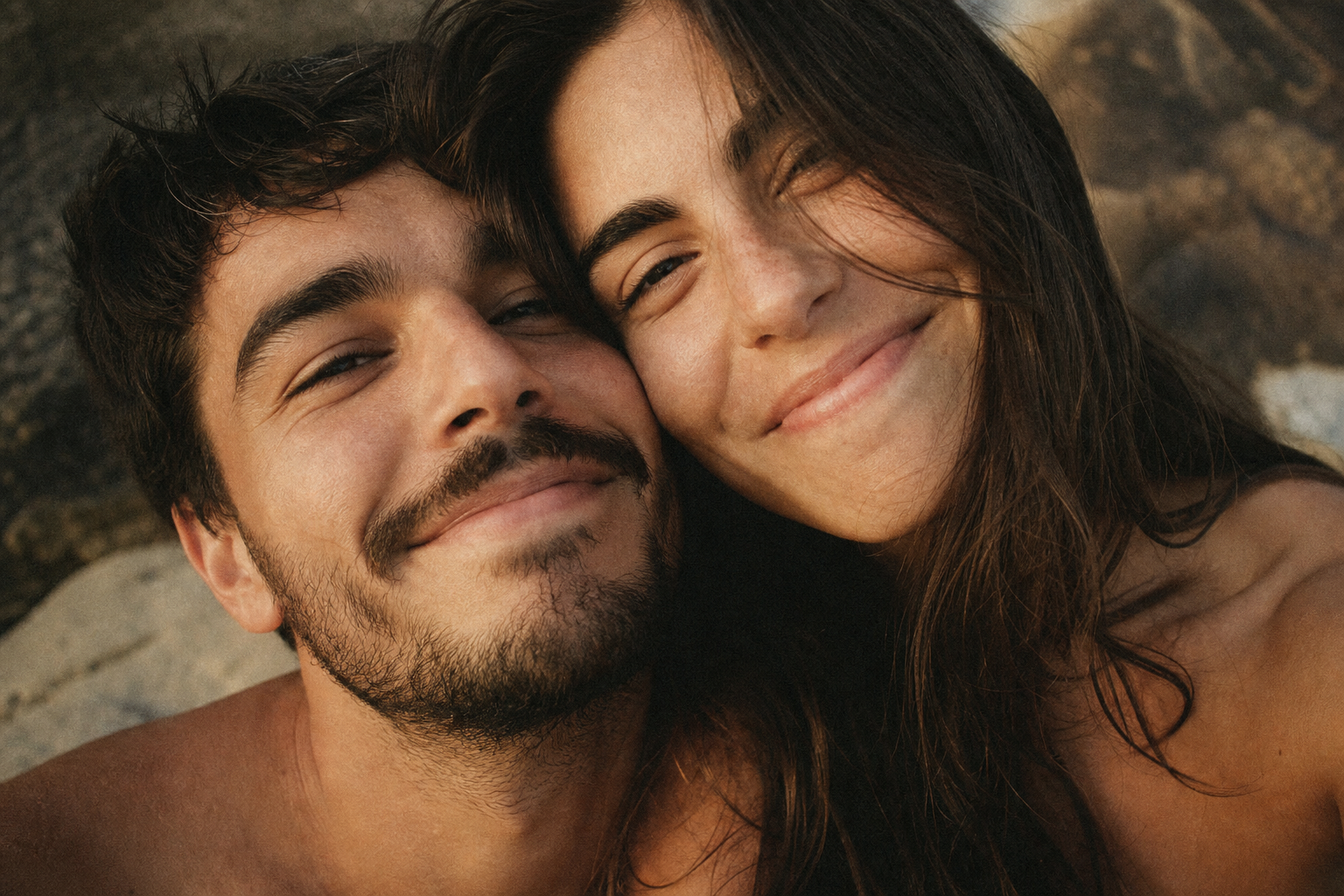 Close candid selfie of Afonso and Iara with a film-like nostalgic tone