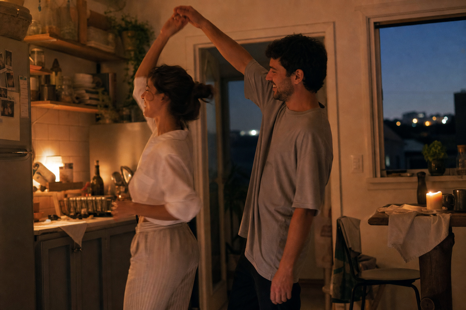 Afonso and Iara dancing in a cozy kitchen with warm evening light