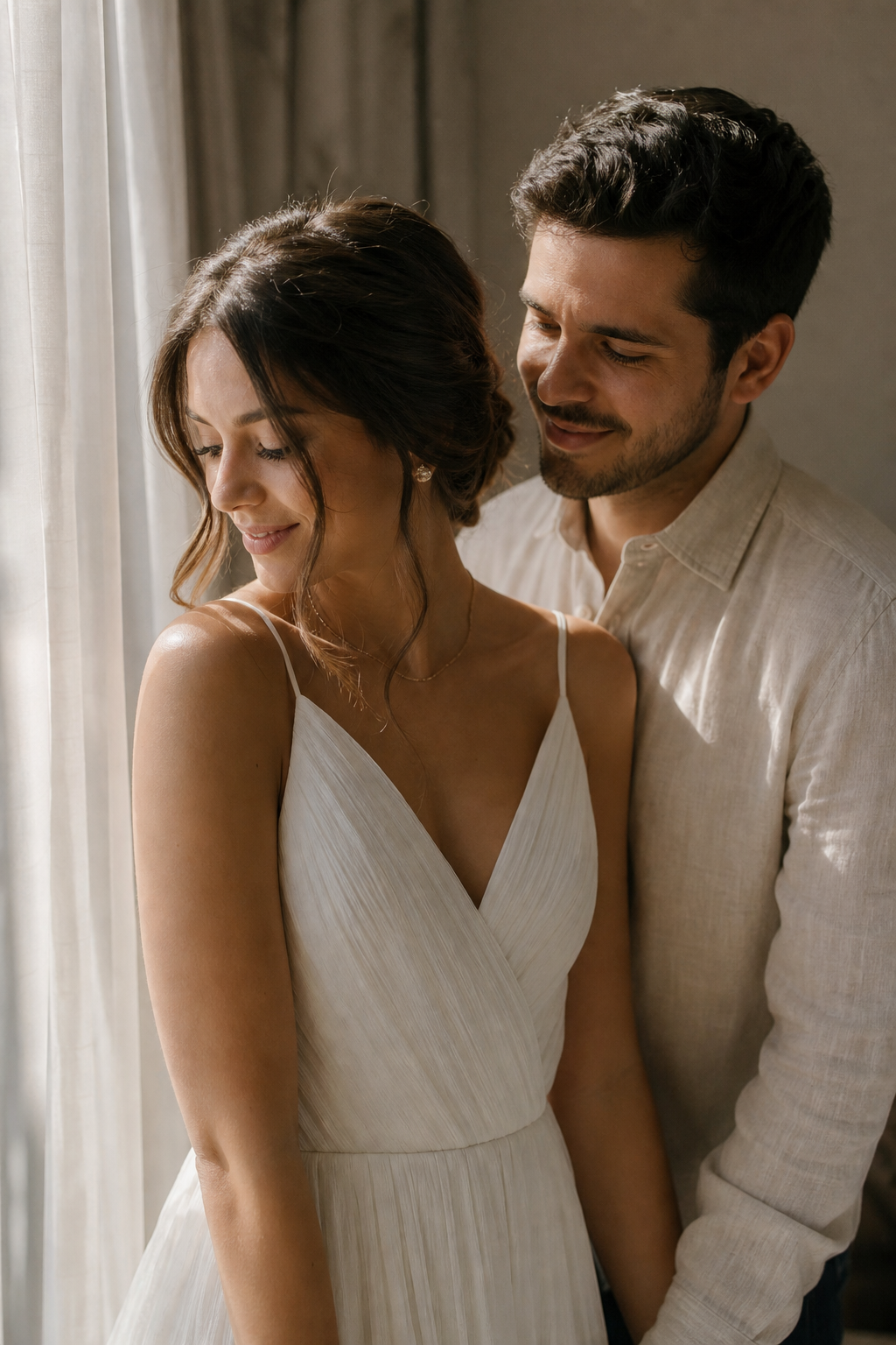 Soft portrait of Iara by a bright window while Afonso smiles in the background