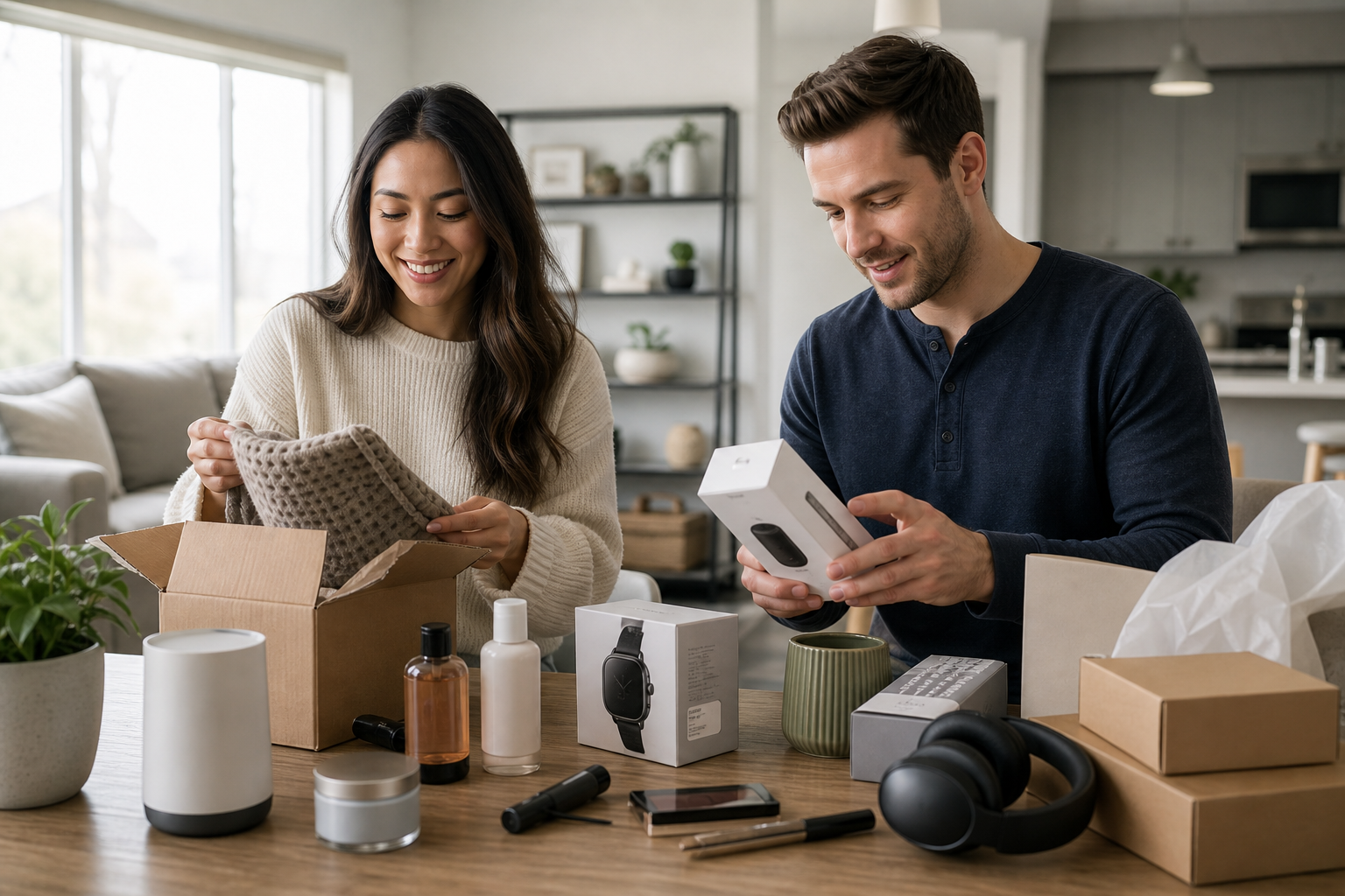 Two adults reviewing home and personal accessories from shopping parcels in a bright modern apartment