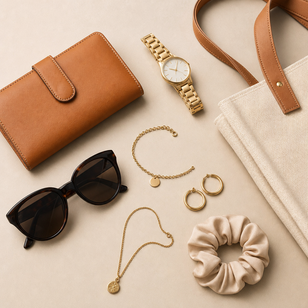 Organized flat lay of a leather wallet, sunglasses, watch, tote bag, and minimalist jewelry
