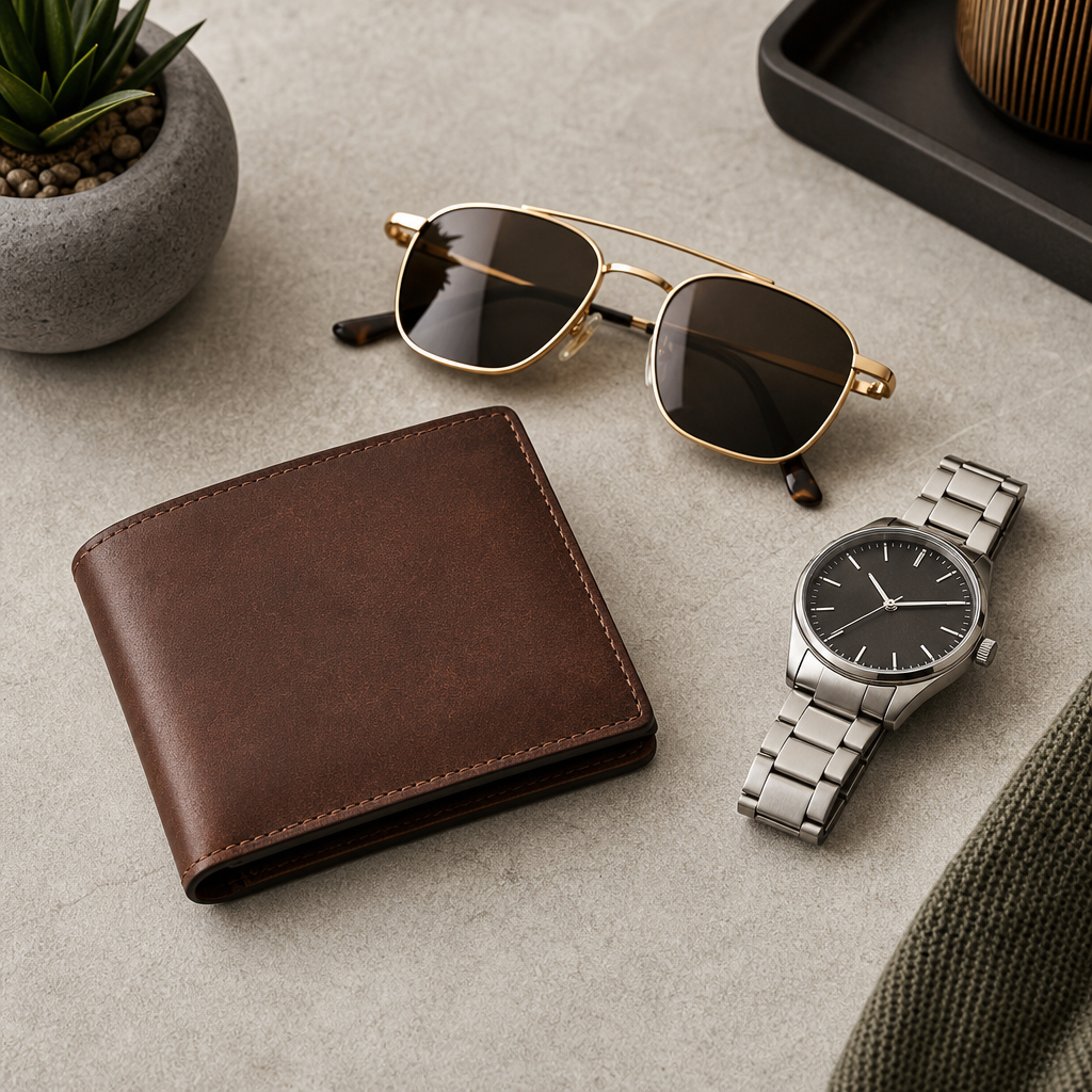Everyday accessories including leather wallet, sunglasses, and watch on a textured tabletop