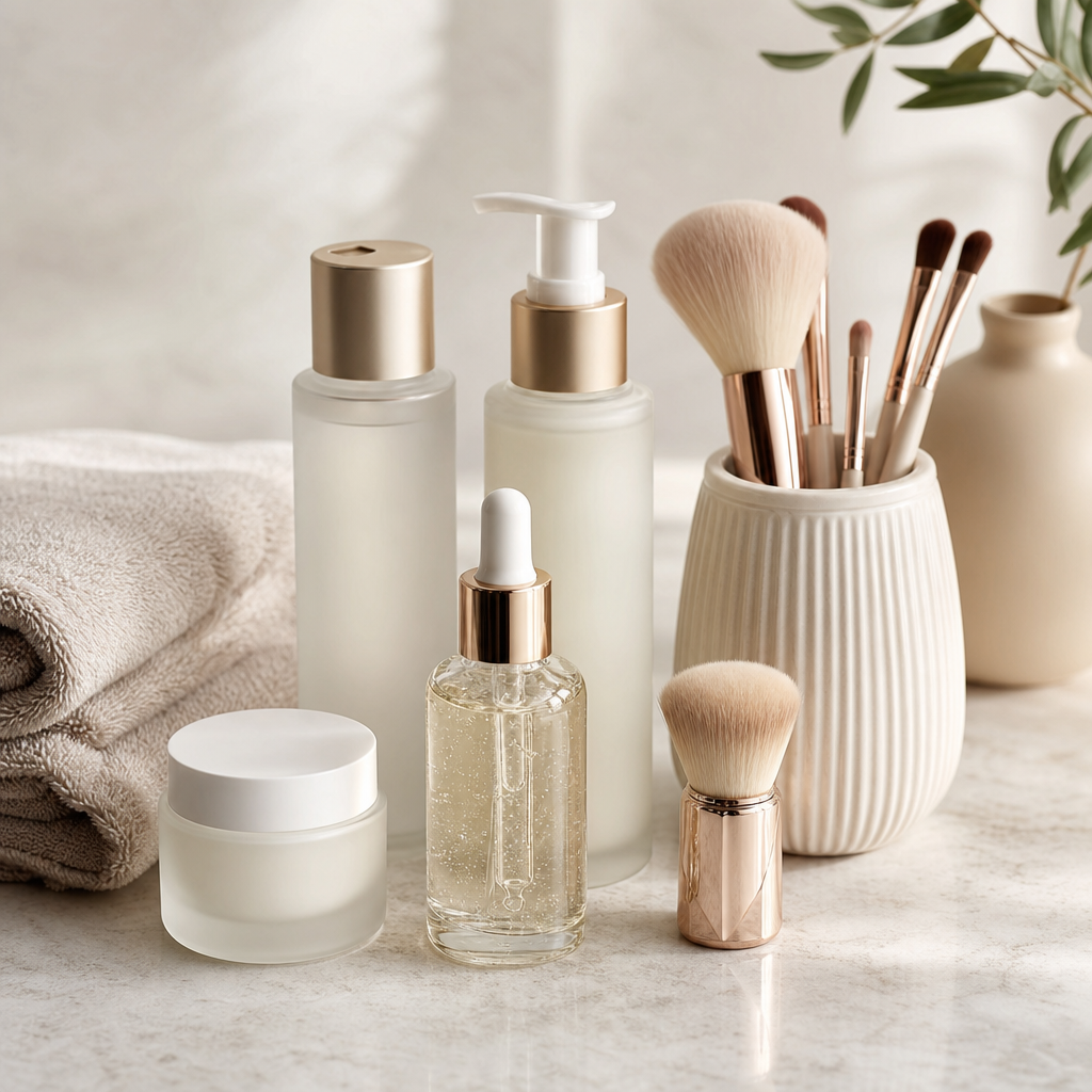 Beauty essentials including skincare bottles, face serum, and makeup brushes on a marble counter