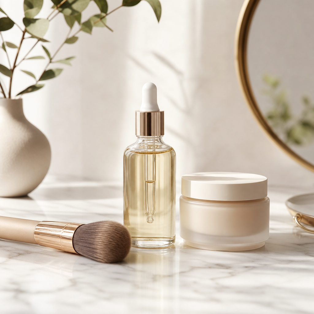 Beauty products including serum bottle, face cream jar, and makeup brush on a marble surface