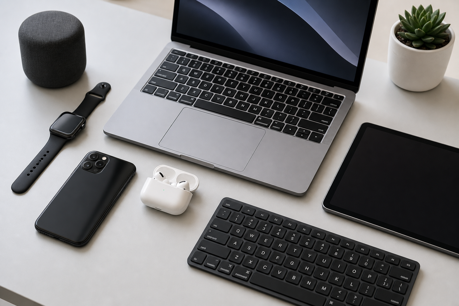 Workspace setup with slim laptop, wireless earbuds, smartphone, and tablet on a clean desk