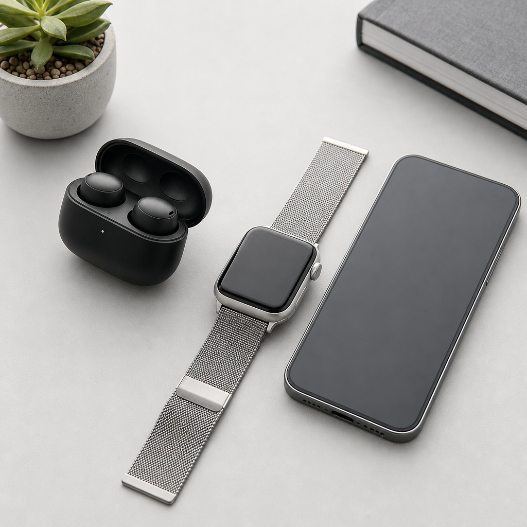 Modern wireless earbuds, smartwatch, and smartphone arranged on a clean desk
